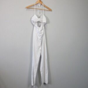 SNDYS Boat Jumpsuit Women S White 100% Cotton Halter Bow Cutout Preppy Chic 318